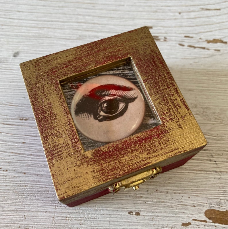 Evil Eye Ring Box, Engagement Ring Box with Eye Illustration, Hand Painted Wooden Box, Goth Wedding ring box, Ring bearer box, Mystery box image 2