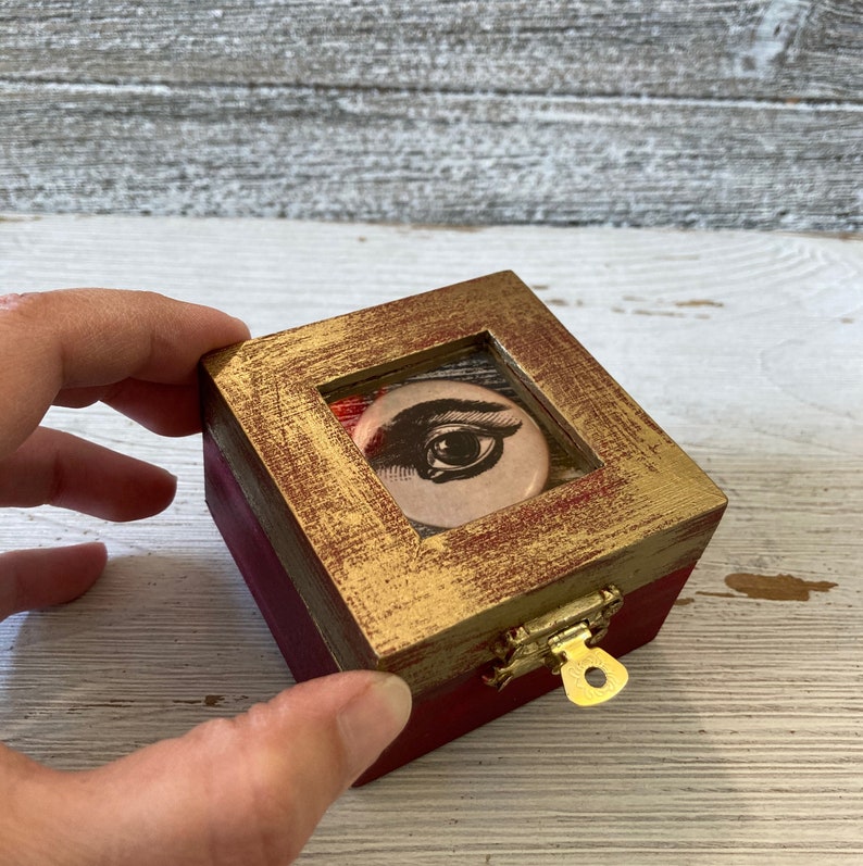 Evil Eye Ring Box, Engagement Ring Box with Eye Illustration, Hand Painted Wooden Box, Goth Wedding ring box, Ring bearer box, Mystery box image 1