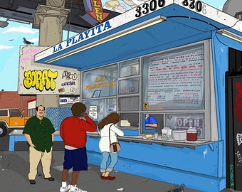 Venice Beach California Art, Taco Stand in Venice Beach, Illustration print on paper, Mexican Street-food in Los Angeles, Mexican food art,
