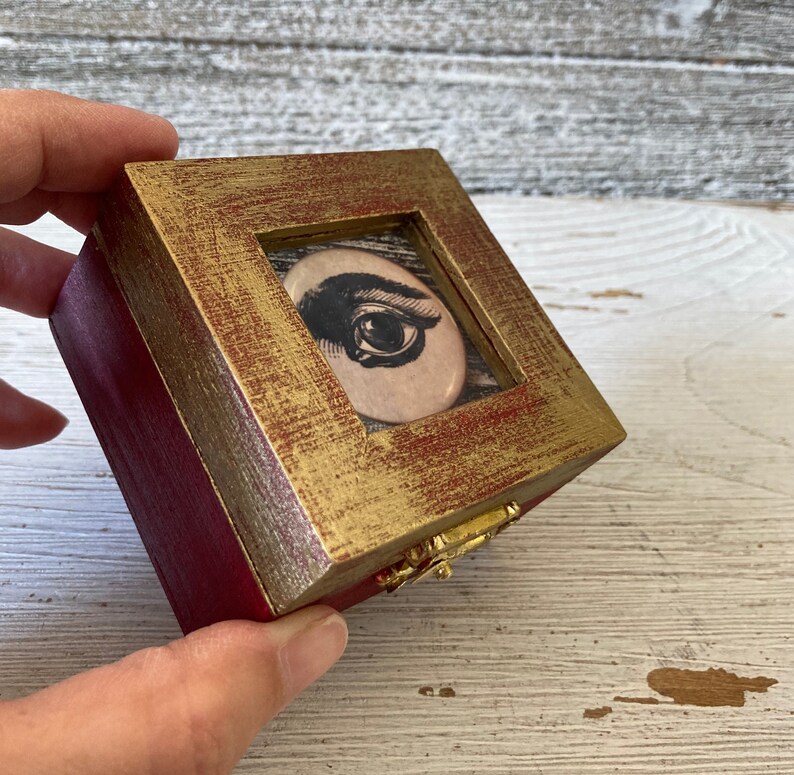 Evil Eye Ring Box, Engagement Ring Box with Eye Illustration, Hand Painted Wooden Box, Goth Wedding ring box, Ring bearer box, Mystery box image 10