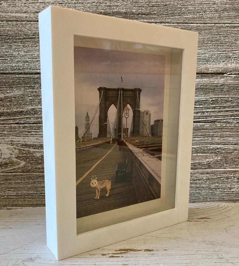 Brooklyn Bridge Art, Owl Art, Surreal Animal Art, New York Art A Walk on the Brooklyn Bridge framed 5x7 print, image 4