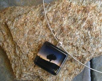 Joshua Tree Pendant Necklace, Nature photo necklace, Joshua Tree in a Blue Sunset glass tile pendant, Silver tone wire choker necklace