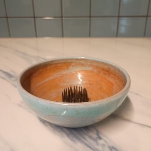 Bol de cerámica vintage azul con esmalte craquelado para ikebana, Wabi Sabi Pottery
