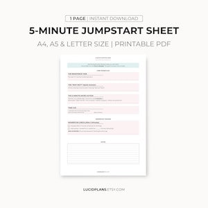 May include: A printable PDF sheet, white in colour, with the title "5-MINUTE JUMPSTART SHEET" in large black text. The sheet is designed for quick tasks and includes sections for resistance, micro-actions, and a momentum tracker. Available in A4, A5, and Letter sizes.