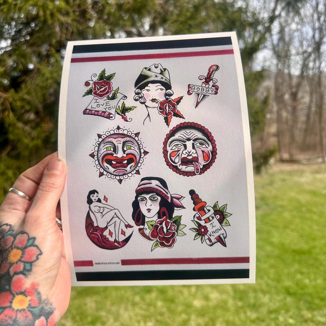 American Traditional Tattoo Flash Sheet Print, 6x9 Bert Grimm Inspired ...