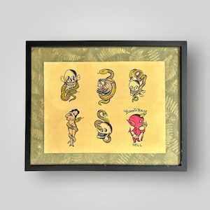 Große amerikanische traditionelle Tattoo Flash Blatt Wandkunst handgemalt 20x16 gerahmt