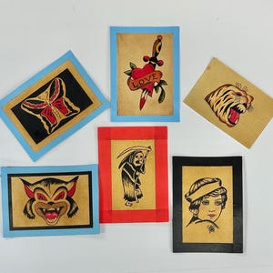 6 tarjetas de tatuajes tradicionales (juego de 6, 5 x 7), decoración de pared de inspiración vintage pintada a mano.