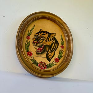 Wall Art Hand Painted Tattoo Flash: Bert Grimm Tiger, Vintage Floral Frame