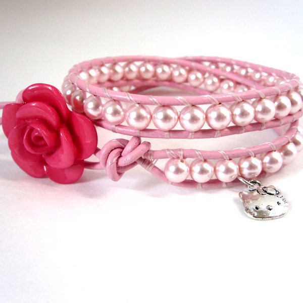 Hello Kitty Pink Swarovski Pearls & Pink Leather - Beaded Double Leather Wrap Bracelet by The CamBrayah Collection