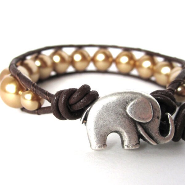 Elephant Gold Toned Glass Pearls and Brown Greek Leather - Single Leather Wrap Bracelet by The CamBrayah Collection