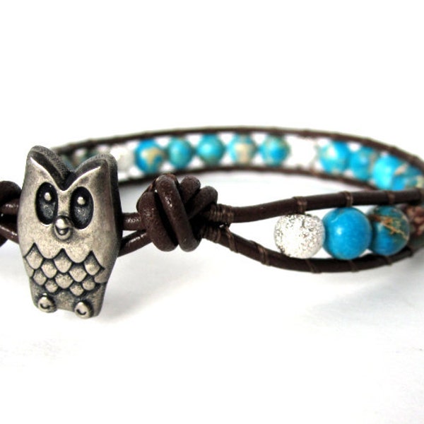 Owl / Turquoise Blue Magnesite Gemstones / Sterling Silver / Black Greek Leather - Single Leather Wrap Bracelet by The CamBrayah Collection