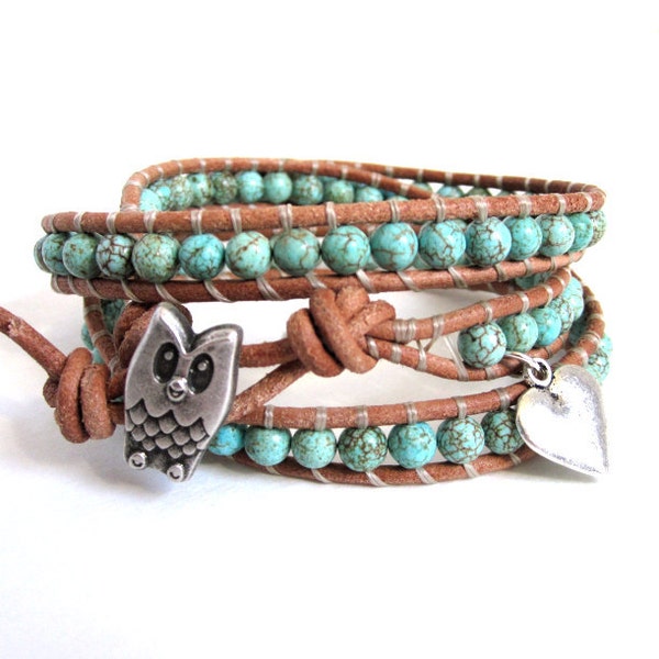 Owl Turquoise and Brown Leather Wrap Bracelet - Gemstone - Beaded Triple Wrap Leather Bracelet by The CamBrayah Collection