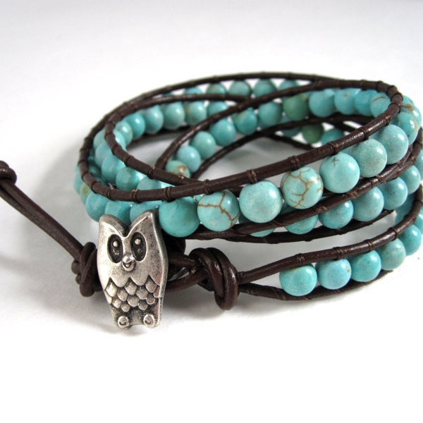 Owl Turquoise and Brown Leather Wrap Bracelet - Gemstone - Beaded Triple Wrap Leather Bracelet by The CamBrayah Collection