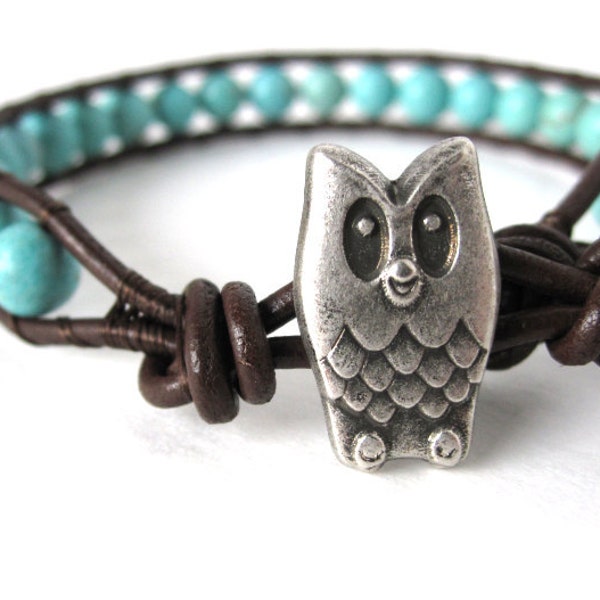 Owl Turquoise and Brown Leather - Gemstones - Single Leather Wrap Bracelet by The CamBrayah Collection