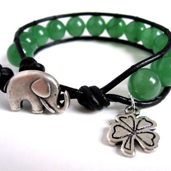 Feelin' Lucky Elephant Green Aventurine and Black Greek Leather - Gemstones - Single Leather Wrap Bracelet by The CamBrayah Collection