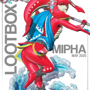May include: A red and blue action figure of Mipha from the video game series, The Legend of Zelda. The figure is posed dynamically on a water-themed base, holding a spear. The figure has a red and blue color scheme, with the text "Mipha" and "May 2025".