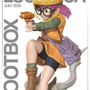 Pode incluir: Uma figura de ação colorida de um personagem com cabelo rosa, vestindo um vestido laranja, mangas verdes e botas marrons. A figura está segurando uma arma dourada e uma bolsa roxa. A figura faz parte da coleção Lootbox.