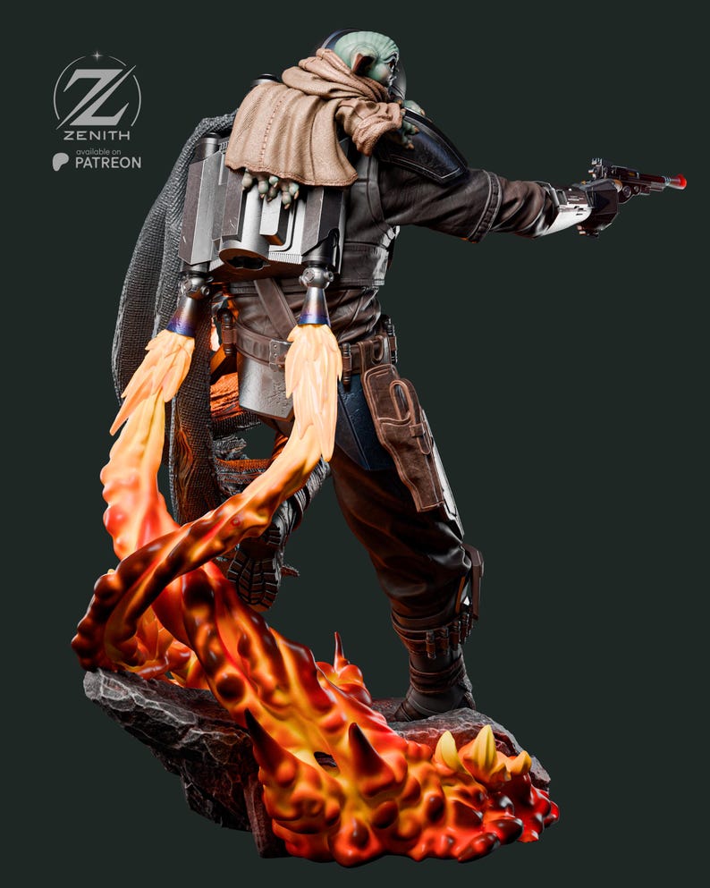 Puede incluir: Figura detallada de un personaje con un atuendo marr&oacute;n oscuro y negro, sosteniendo una pistola bl&aacute;ster. La figura est&aacute; de pie sobre una base rocosa con llamas naranjas y amarillas. La figura tiene un jetpack y una capa. El logotipo de Zenith est&aacute; en la esquina superior izquierda.