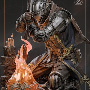 May include: A detailed figurine of a knight in dark metal armor kneeling before a campfire. The knight holds a sword upright, wearing a dark blue tunic with gold trim and a brown cloak. A skeleton ribcage rests near the flames and candles.