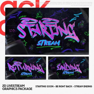 May include: A set of three animated Twitch stream overlays with a graffiti-style design. The overlays feature the words "Starting", "Returning", and "Ending" in a bright pink and blue color scheme. The overlays also include the word "Stream" in a green color.