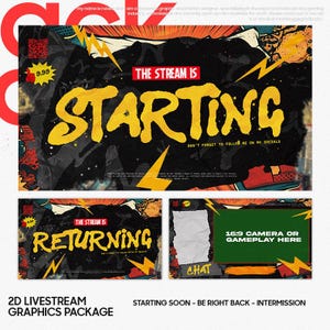 May include: A 2D livestream graphics package with a black background and yellow text that reads "STARTING". The design includes lightning bolts and a red and yellow color scheme. Additional graphics say "RETURNING" and "16:9 CAMERA OR GAMEPLAY HERE".