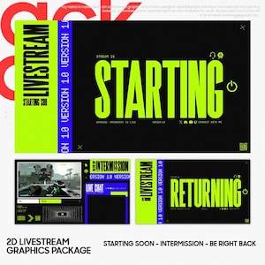 以下が含まれることがあります： 「Starting Soon - Intermission - Be Right Back」というテキストが書かれた、黒と緑のライブストリーム用グラフィックデザインテンプレート。デザインは、緑と黒のカラーパレットと太字のフォントを使用しています。