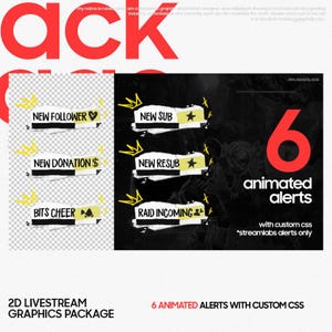 May include: Six animated alerts for Twitch or YouTube live streams. The alerts are in a black and white grunge style with yellow accents. The alerts include: New Follower, New Sub, New Donation, New Resub, Bits Cheer, and Raid Incoming.