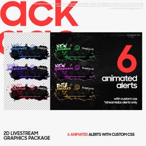 May include: Six animated alerts for Twitch or YouTube live streams. The alerts are in a graffiti style with a black background and colorful text. The alerts include: New Follower, New Donation, New Subscriber, New Resubscriber, Raid Incoming, and Bits Cheered.