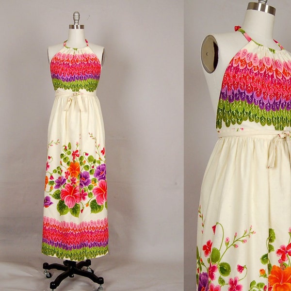 vintage 1960s dress 60s dress floral halter backless wrap designer hilo hattie magenta