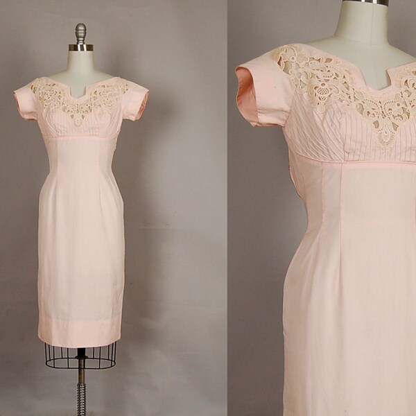 vintage 1950s dress 50s wiggle dress lace blush pink cotton wedding