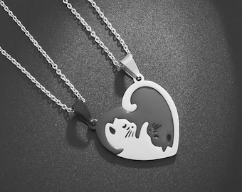 Personalized Cat Couple Necklace - Stainless Steel Matching Pendant for Best Friends, Couples, BFF Gift