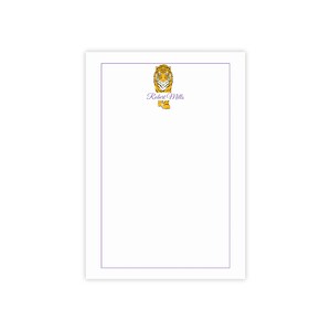 May include: White stationery with a purple border. The top features a yellow and orange tiger illustration above the name "Robert Mills" in a script font. The stationery is rectangular.
