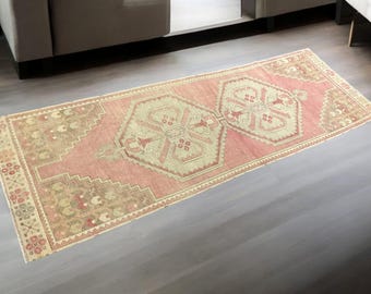 3x8,Oushak Rug,Vintage Rug,Faded Pink Rug,Turkish Rug,Handmade Rug,Livingroom Rug,Entryway Rug,Kitchen Rug,Mini Runner,Decor Rug,2&#39;10x8&#39;7 ft
