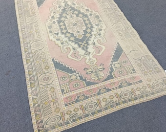 Handmade Turkish Oushak Rug, Vintage Pink Decor Rug, 3.6x7.6 ft