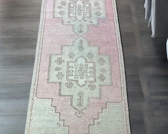 3x8,Oushak Rug,Vintage Rug,Pink Gray Rug,3x8 Rug,Turkish Rug,Handmade Rug,Livingroom Rug,Entryway Rug,Kitchen Rug,Mini Runner,Decor Rug,3x8