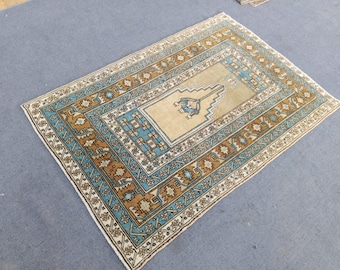 Oushak Rug 4x6: Vintage Turkish Rug, Brown & Blue Accent