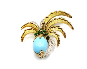 Vintage JOMAZ Signed Very Rare Pineapple Shaped Faux Turquoise And Faux Jade Cabochons Rhinestones Gold And Silver Tone Brooch Pin