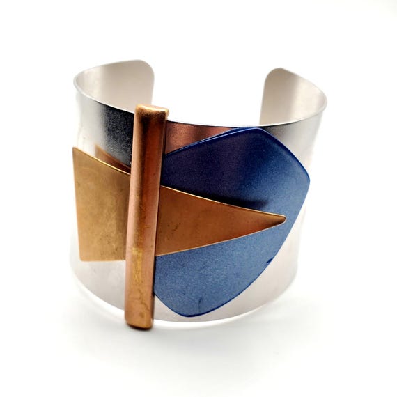 Vintage MONET Modernist Geometric Blue Copper Silver Tone Wide Cuff Bracelet