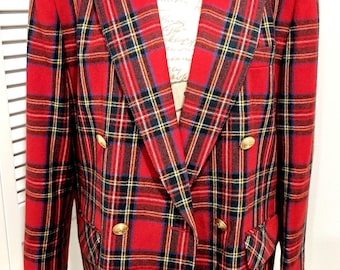 Vintage 80s GIORGIO SANT’ANGELO Red Tartan Plaid Wool Blazer Brass Buttons Sz 12 M-L