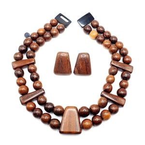 Vintage GERDA LYNGGAARD MONIES Signed Necklace and Clip On Earrings Teak Wood Beaded Danish