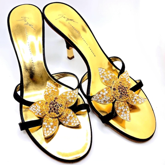Giuseppe Zanotti Jeweled Flower Black Gold Sandals Size 36  display picture 1