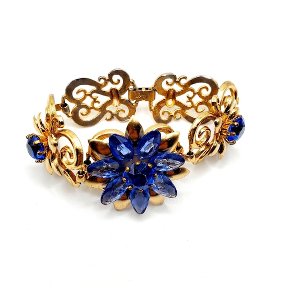 Vintage CORO Signed Gold Tone Blue Flowers Link Bracelet