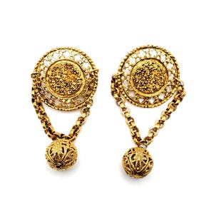 Vintage LES BERNARD Runway Huge Dangle Gold Tone Chain Clip On Earrings