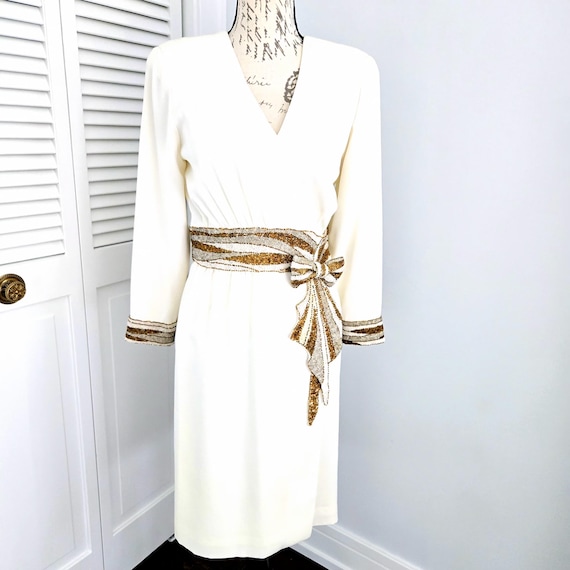 Vintage Bob Mackie off White Cocktail Party Dress Beaded Sequin Dress Long  Sleeve Wedding Party Dress Small Cher Dress size 0-2