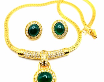 Vintage ESTELLE signiert Grün Cabochon, Strass, Gold Ton Halskette und Ohrringe Set, Runway Designer