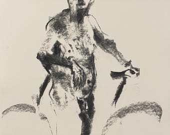 En el camino II – Figura abstracta con bicicleta – Dibujo original a carboncillo