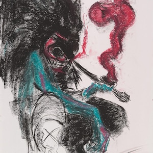 Puede incluir: Un dibujo en negro y turquesa de una criatura con una cabeza grande y una columna de humo rojo que sale de su boca.