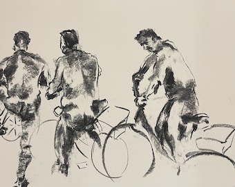 Bewegung – Abstrakte Radfahrer – Original Kohlezeichnung in Schwarz-Weiß – Moderne urbane Wandkunst