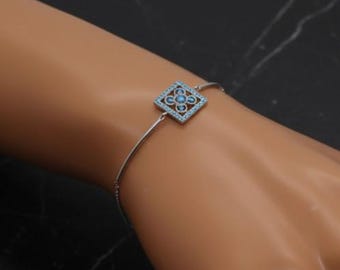925 Sterling Silver Bracelet, Bilbao Blue Tile Design with Cubic Zirconia