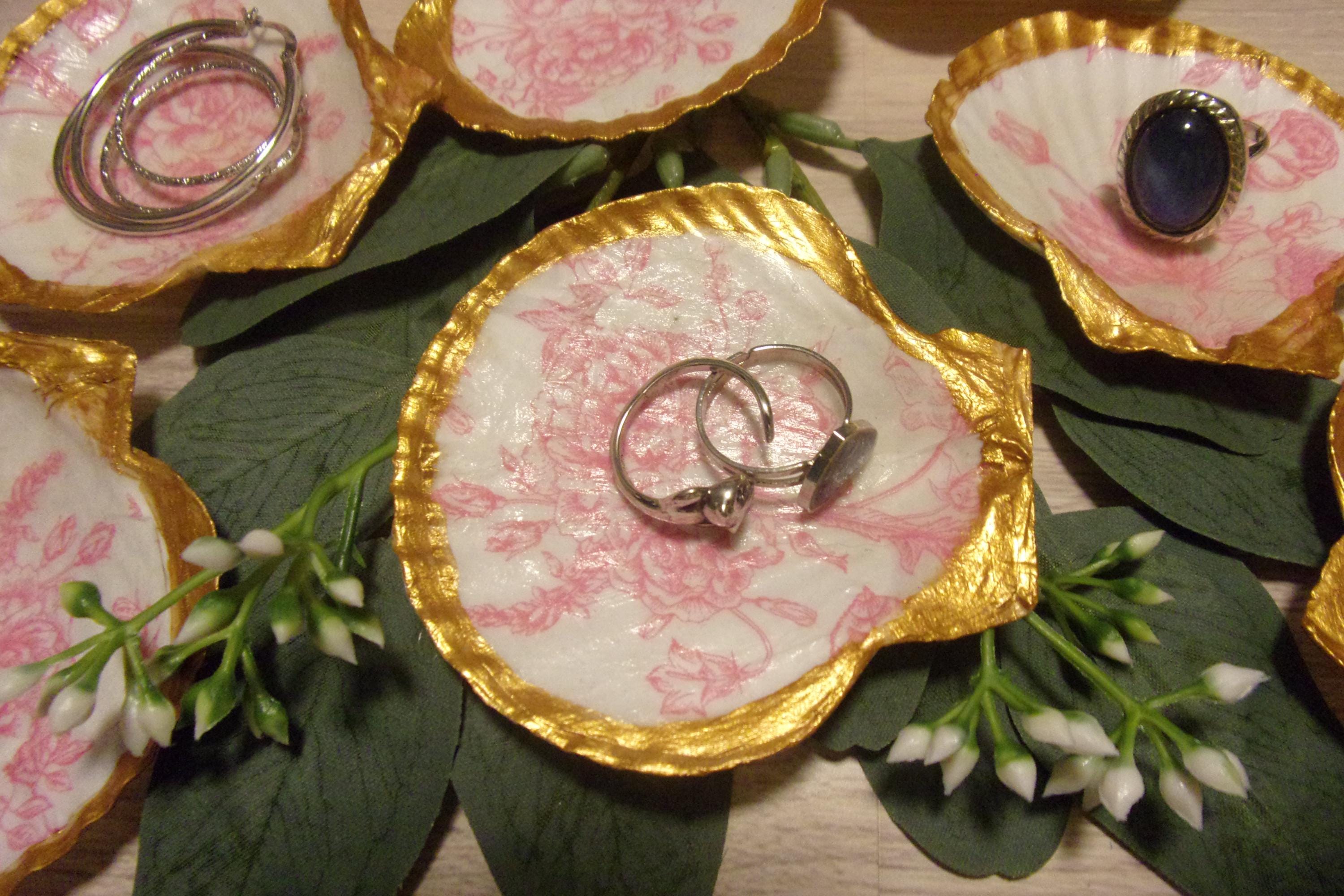 Scalloped Shell Ring Holder Jewelry Trinket Dish With Pink Flowers ...